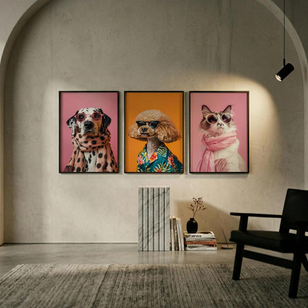 Set of 3 Fashion Animal Wall Art, Pink Aesthetic Dog Cat Prints, Stylish Pet Posters,Trendy Colorful Wall Decor Anime Room Decor