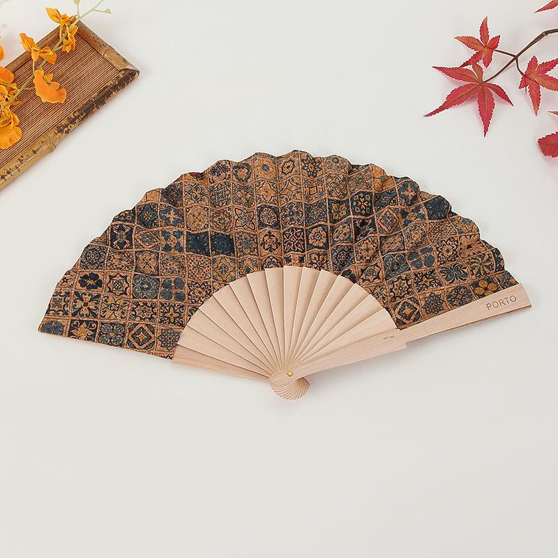 Vintage Portuguese Cork Folding Fan Advanced Makeup Hand Held Fan Bohemian Style Wooden Folding Fan Graft Gift Props Home Decor