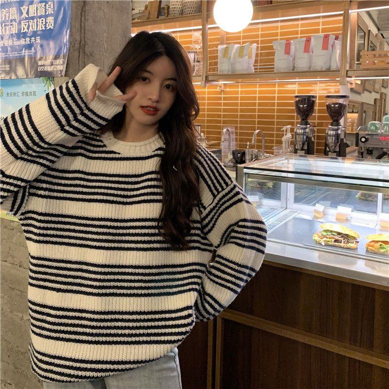 Winter Striped Stitching Pullover Sweater Female Student Korean Loose Round Neck Pullover Loose Knitted Sweater Jacket Female