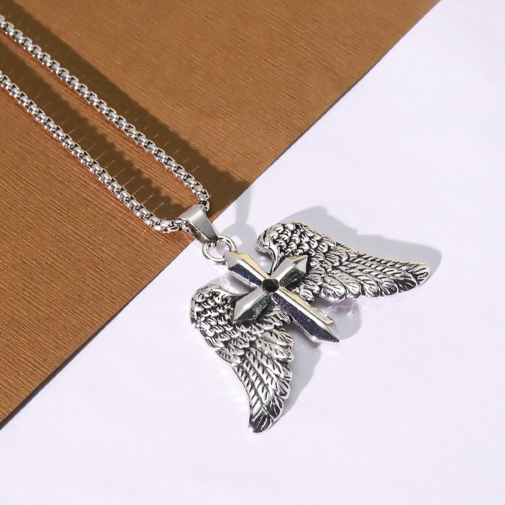 Men's Punk Retro Double Wing Cross Pendant Necklace in Stainless Steel
