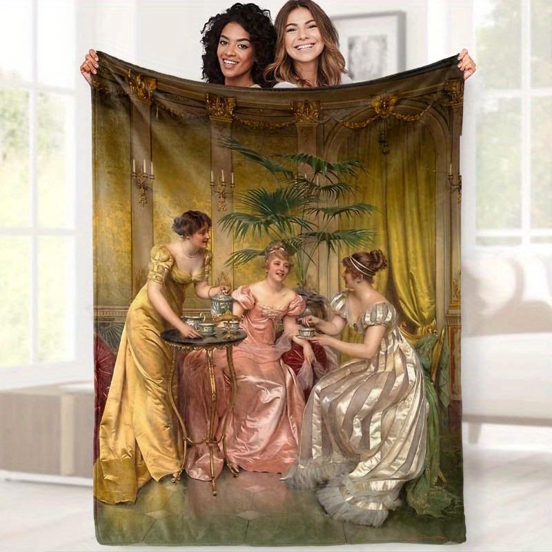 Vintage Afternoon Tea Oil Painting Print Flannel Blanket Soft, Cozy Throw with Elegant 19th-Century Women Illustration