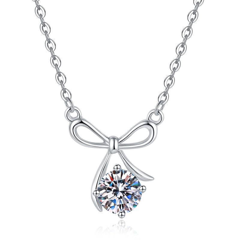 White Copper-Plated Moissanite Bowknot Pendant Necklace with O-Chain for Women White Gold