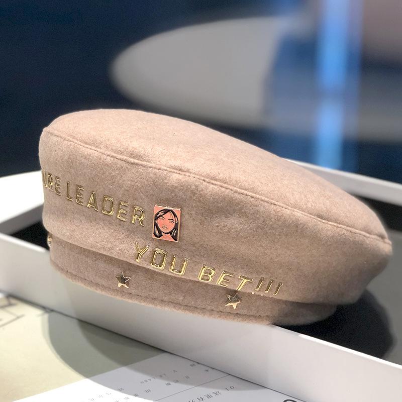 Golden Letter Rivet Decoration Woolen Beret Women Autumn and Winter British Retro Painter Hat Ladies Bud Hat