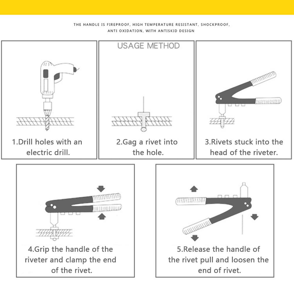 Zestaw z pistoletem do nitowania, wytrzymała nitownica jednoręczna z 4 wymiennymi głowicami, 3 x 32 cale, 1 x 8 cali, 5 x 32 cale, 3 x 16 cali