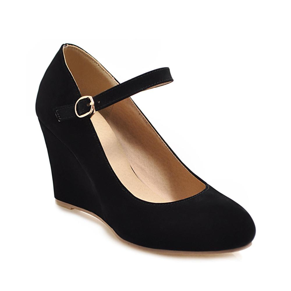 

Fashion Classic High Heels Pumps Female Spring Casual Ankle Straps Flock Black Rose Red Wedge Wedding Office Shoes Woman Large Size34-43 39 чёрный