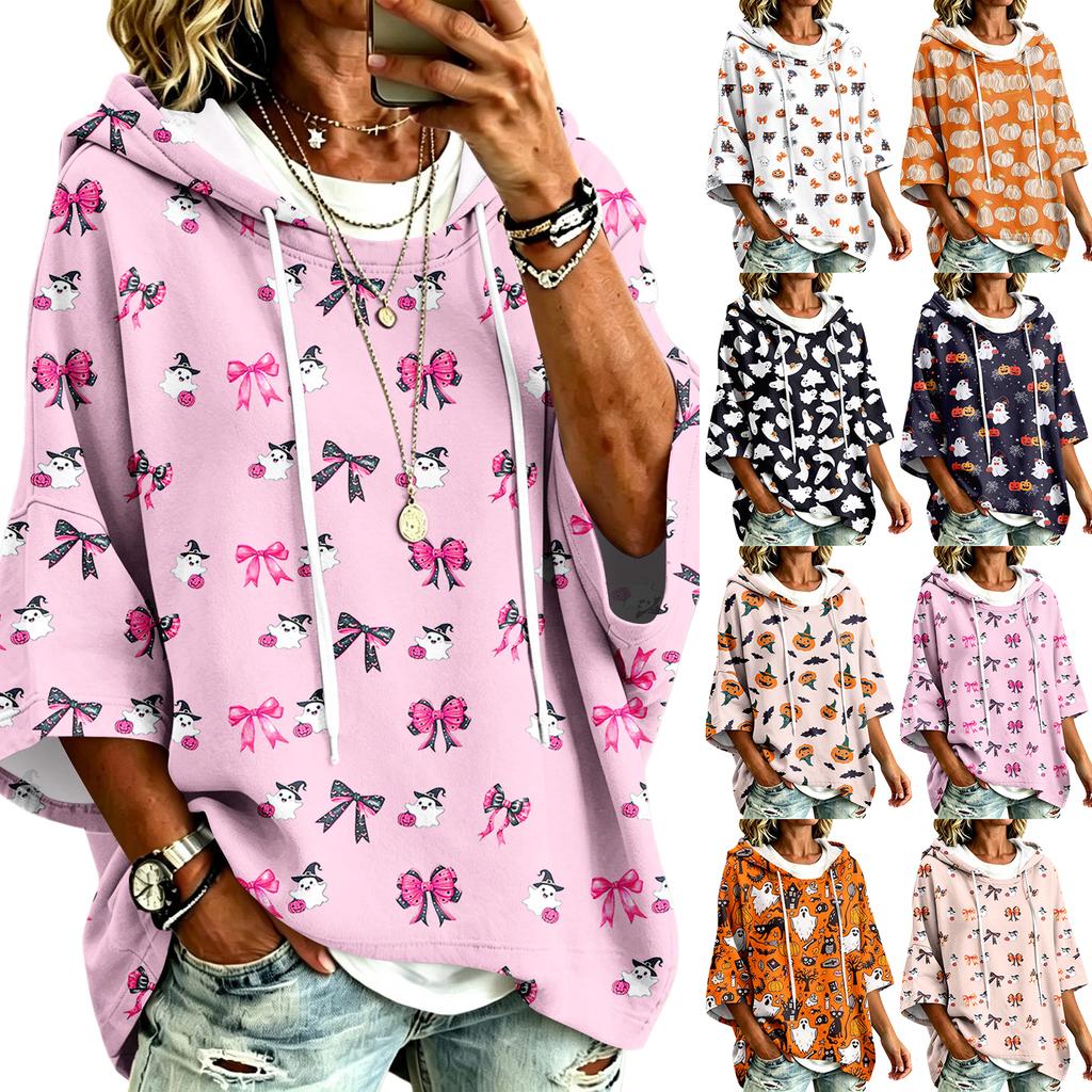 Women's Hoodie with Halloween Print, Loose Fit Casual Pullover Top