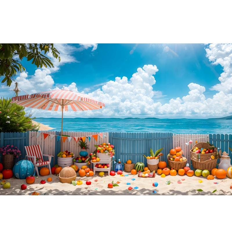 Summer Seaside Party Backdrops For Photography Tent Fruits Beach Palm Trees Holiday Camping Party Background Decor Photo Studio