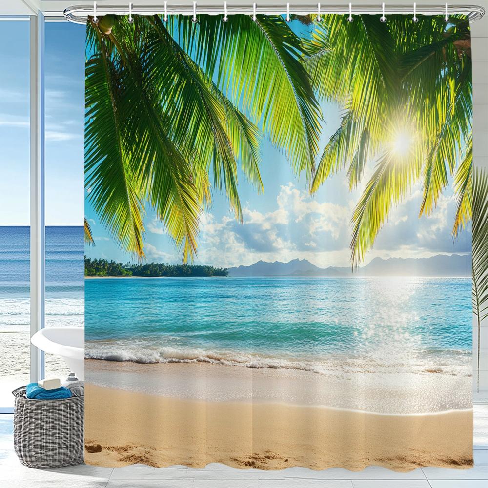 1Pc Beach Shower Curtain Shell Starfish Ocean Scenery Bathroom Decoration Printing Polyester Fabric Contains 12 Hooks