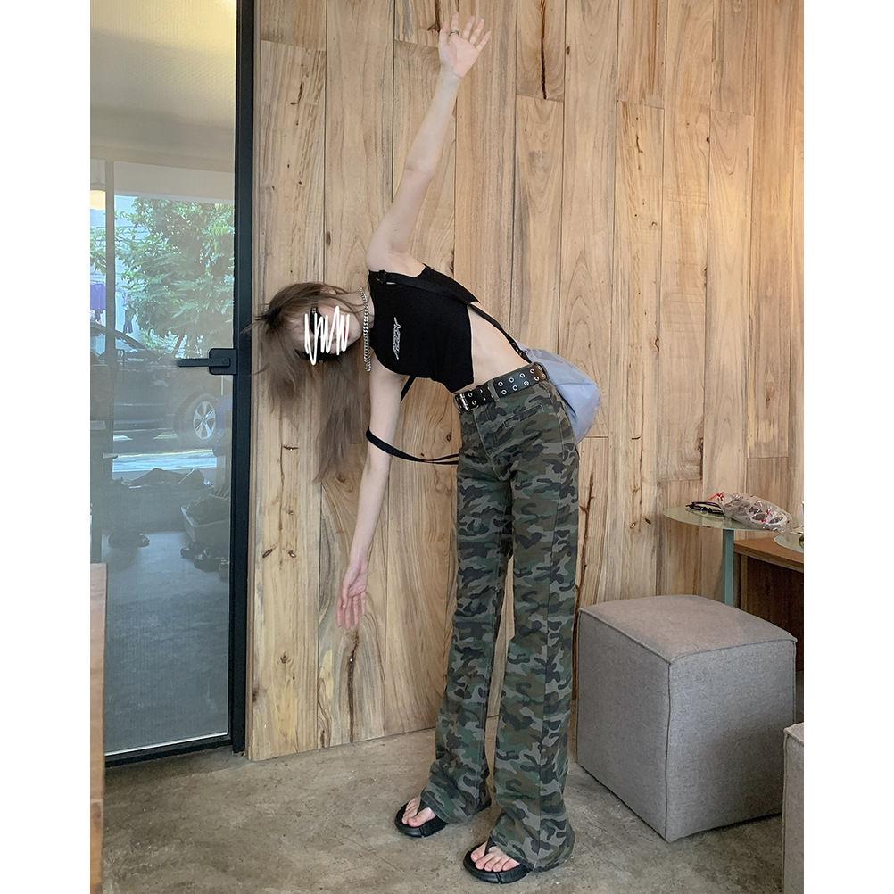 Retro Camouflage Jeans for Women New Slim Fit Floor-length Slightly Flared Pants