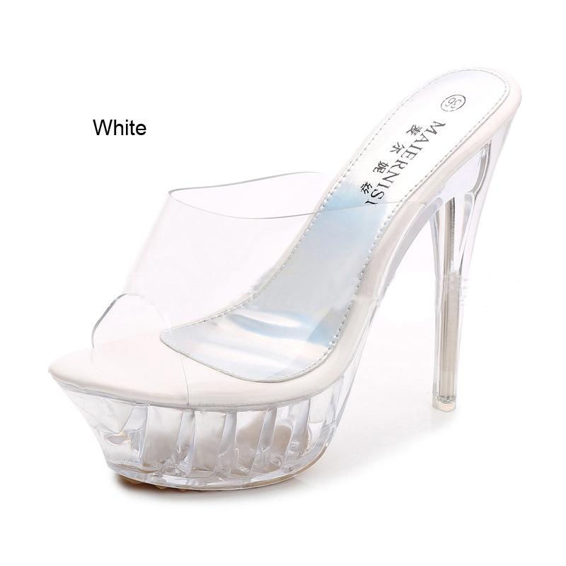 

Fashion Women Crystal Sandals Transparent Platform High Thin Heel Slide Sandals for Office Nightclub Wedding Evening Party 35-43 35 белый