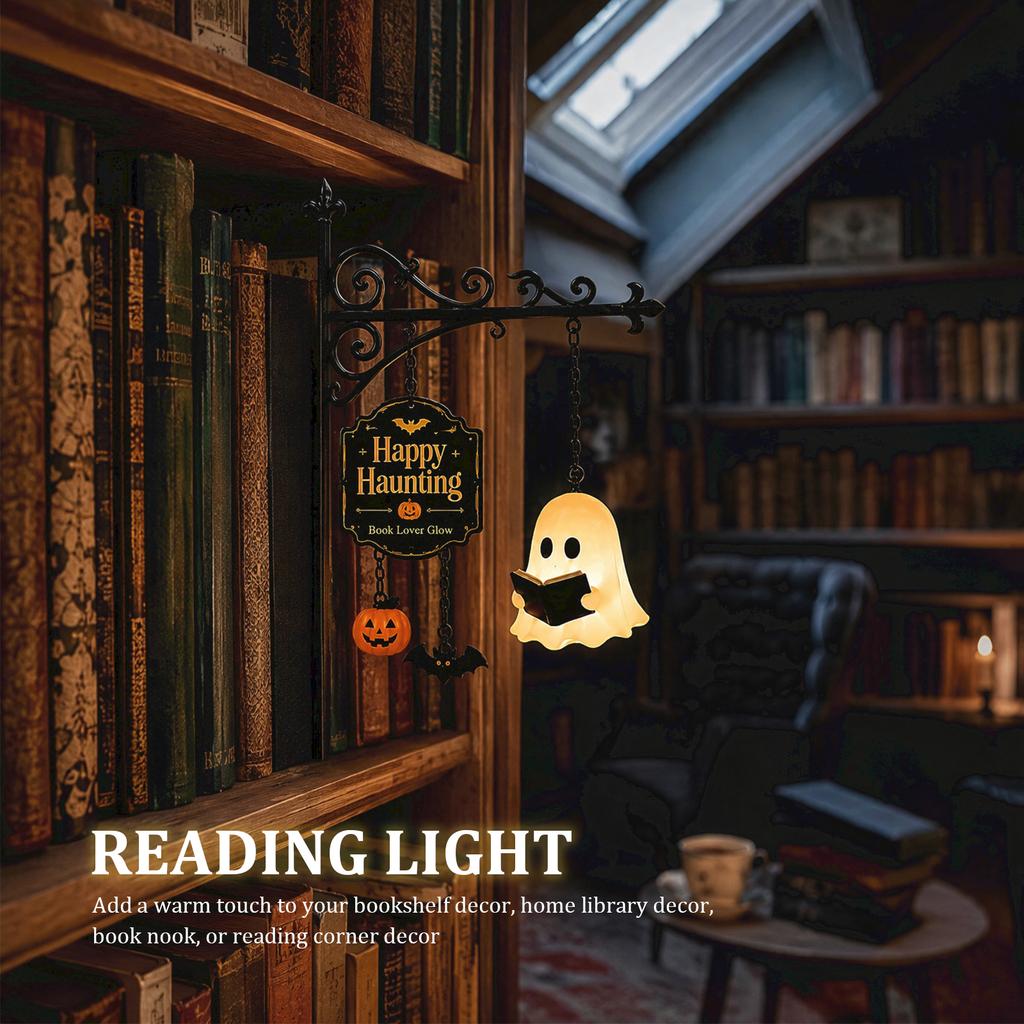 Halloween Library Lantern with Hanging Ghost&Pumpkin Vintage Bookshelf Lamp Gothic Metal Reading Lamp for Book Lovers Gift Ideal
