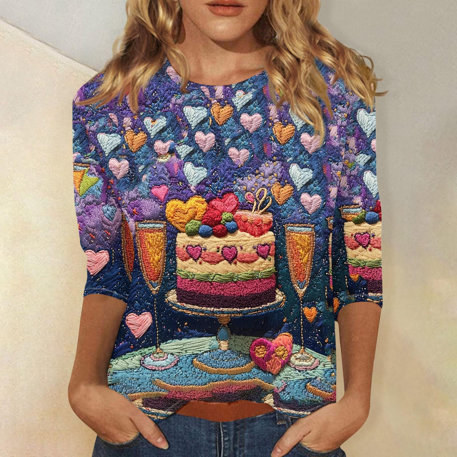 

Женская повседневная свободная футболка с круглым вырезом и принтом ко Дню святого Валентина с рукавами три четверти XL