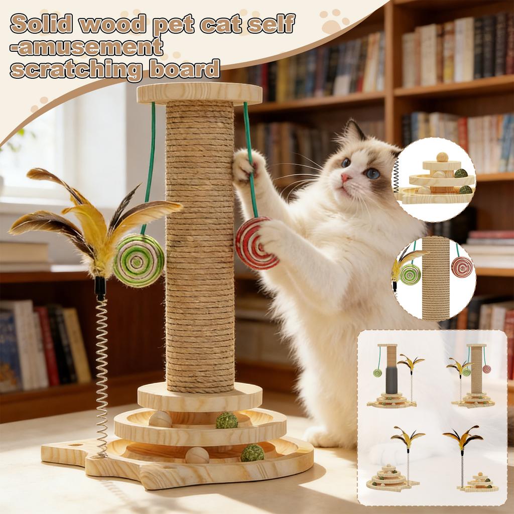 Wooden Cats Toy Set: Turntable, Catnip Teaser Wand & Scratching Post – Ideal For Indoor Cats’ Self-Play & Care