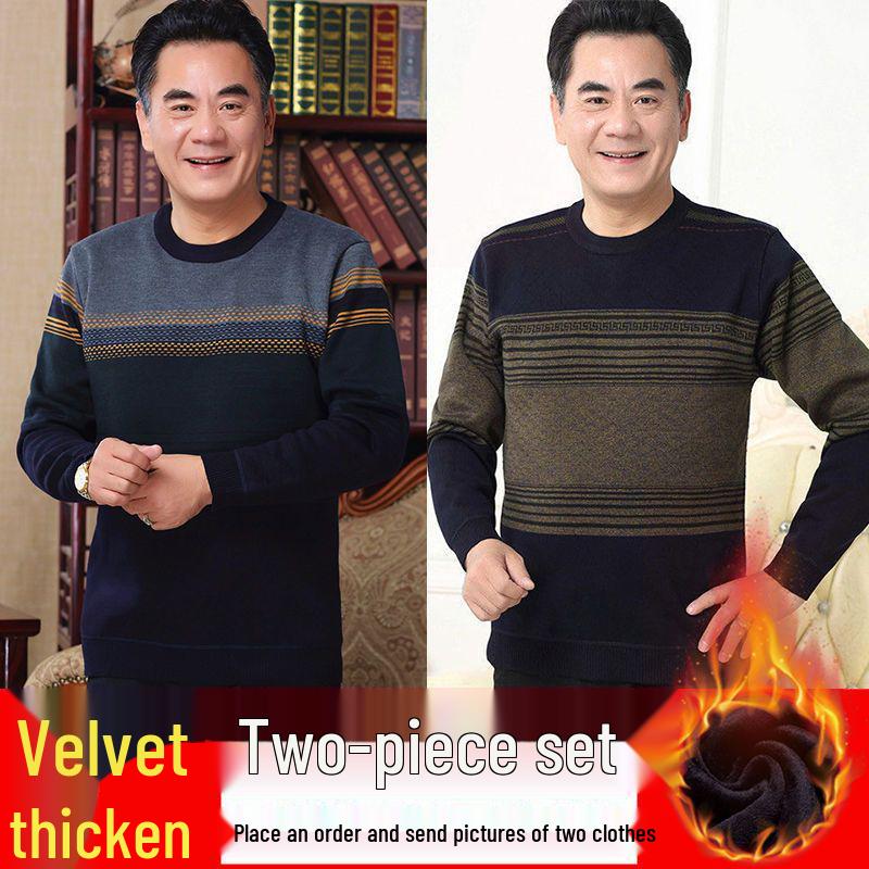 Men's Thick Fleece-Lined Sweater - Grandpa Style, Round Neck, Perfect for Winter Warmth