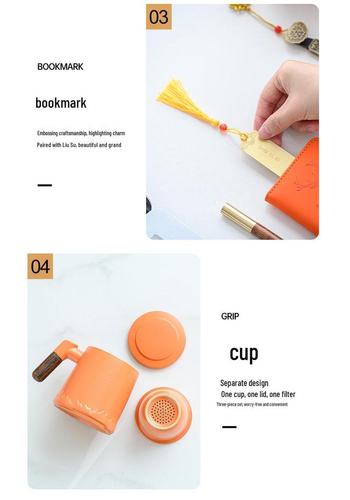 Orange Leather Gift Box: Ceramic Mug Set with Lid & Tea Infuser, Customizable Business Gift.