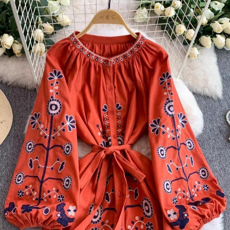 Vintage Embroidered Bandage Dress for Women Bohemian Lantern Sleeve Long Dress with Buttons Spring Autumn Vestidos Mujer