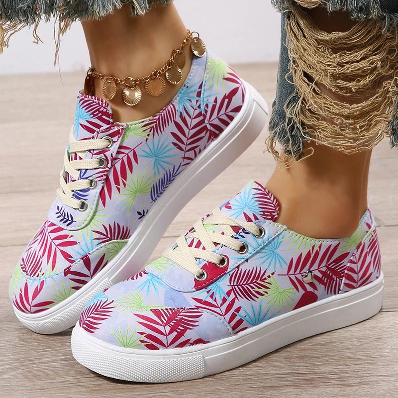 Große Größe 43 Ballerina Damen Frühling/Sommer Neu Runde Zehenpartie Flacher Ausschnitt Bedruckt Schnürschuhe Walking Schuhe Zapatos