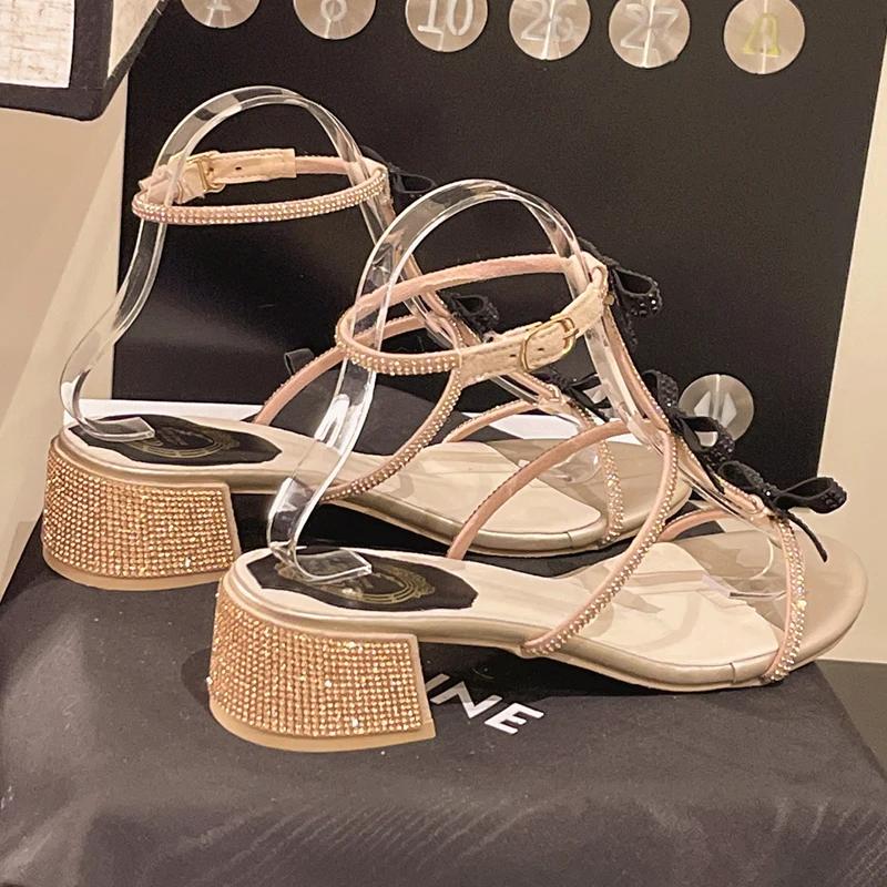 Fashion Luxury Bowknot Crytsal Thick Heel Sandals Women Elegant Ankle Strap Party Shoes Woman 2025 Med Heels Gladiator Sandalias Mujer