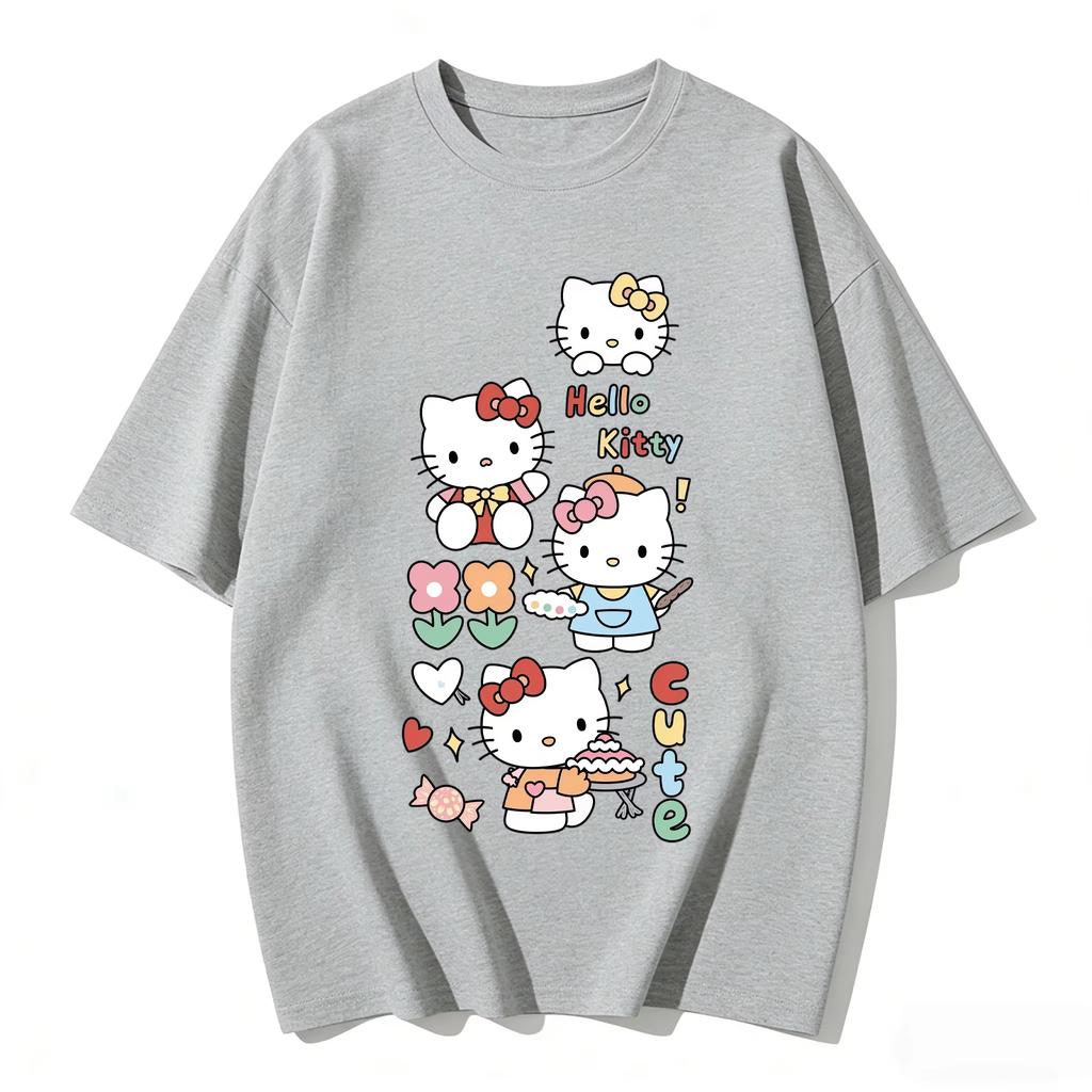 2026 Hello Kitty Cartoon Printed Short Sleeve Summer Comfortable summer Womens Tshirt loose and fashionable
