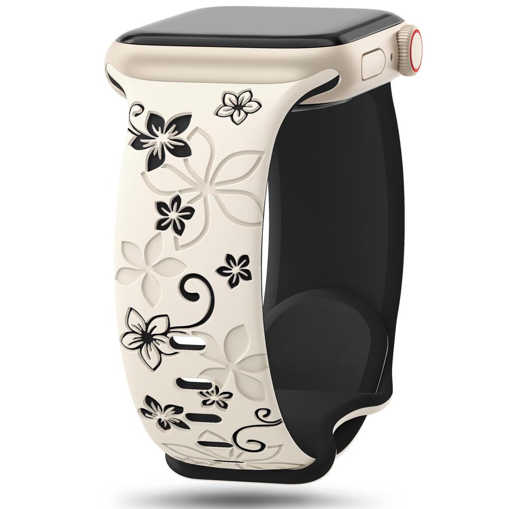 Floral Engraved Strap For Apple Watch Band 46mm 41mm 40mm 44mm 45mm 42mm 49mm Silicone Sport iWatch Series 11 10 SE 9 8 Ultra 2