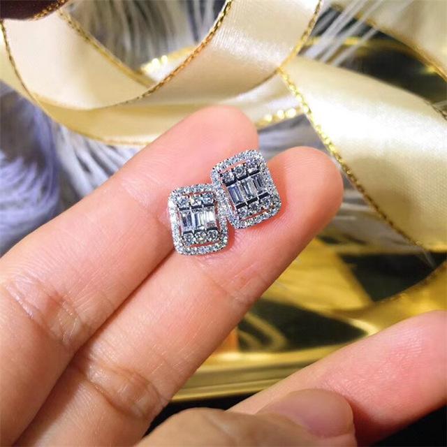 Real 925 Silver Sterling Square Diamond Stud Earring For Women Silver 925 Jewelry Aros Mujer Oreja Orecchini Engagement Earring