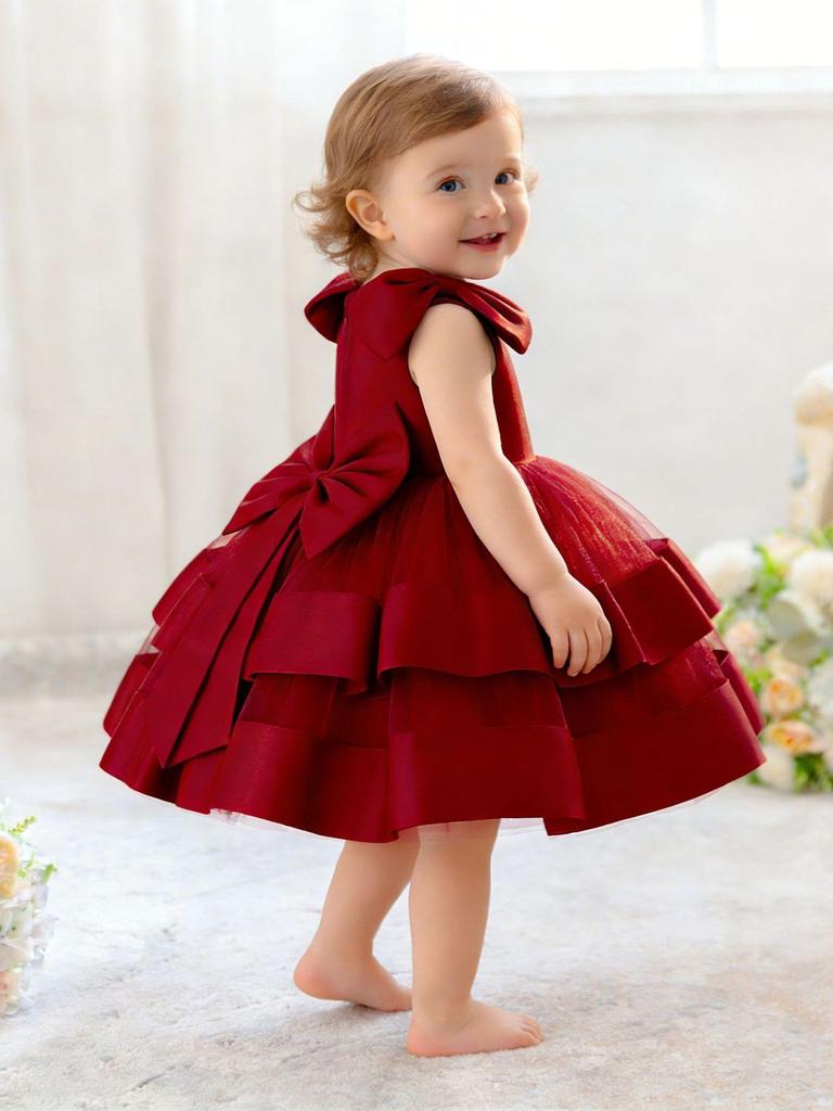 Princess Satin Bow Dress for Girls – Formal Piano Performance & Birthday Tulle Dress