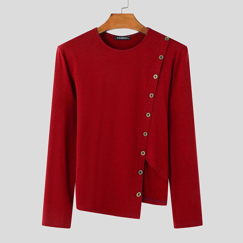 

INCERUN Summer Men s Round Neck Long Sleeve Buttons Design Irregular T-shirts Tops XL