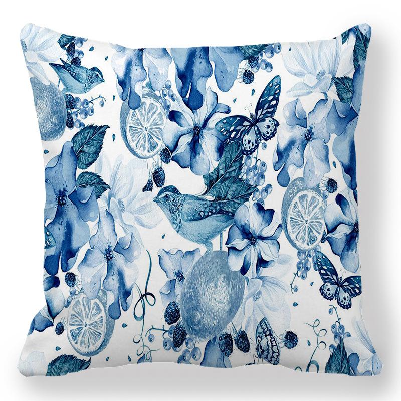 Home Decor Blue Floral & Bird Patterned Pillow Covers Pattern Cushion Cover Suitable For Sofa Bedroom Car Pillow Cover
