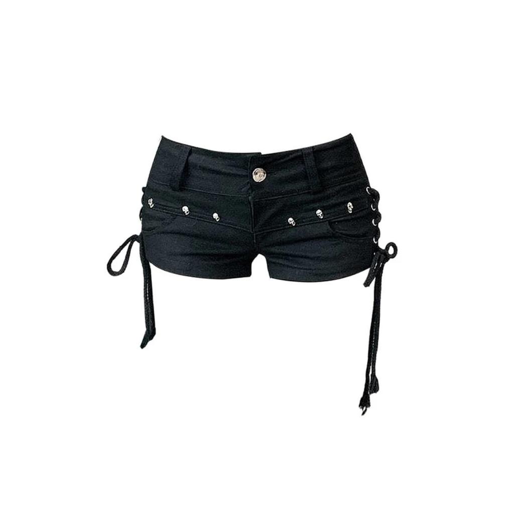 VIONA Women's Black Gothic Denim Shorts Vintage Aesthetic Korean Low Waist Jean Shorts Harajuku Y2k Cowboy Short Pants Clothes Summer