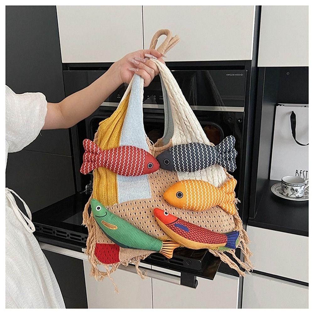 Summer Cotten Crochet Shoulder Bag Fish Tassels Beach Handbag Hollow Out Weave Bag  Shopping Bag