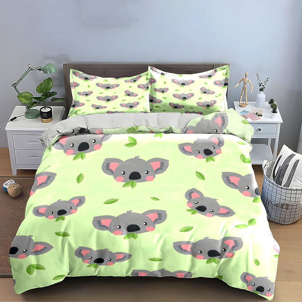 Cute Koala Pattern with Leaves Bedding Duvet Cover Set  (1*Duvet Cover 2*Pillowcases, without duvet insert)