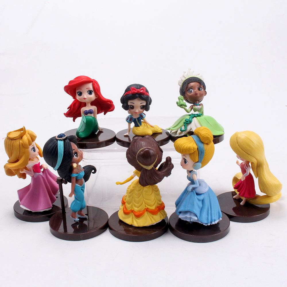 8 Peças/Conjunto Kawaii Princesa Q 9cm Rapunzel Branca de Neve Jasmine Mulan Ariel Figura de PVC Enfeites de Bolo Brinquedos Presente para Criança