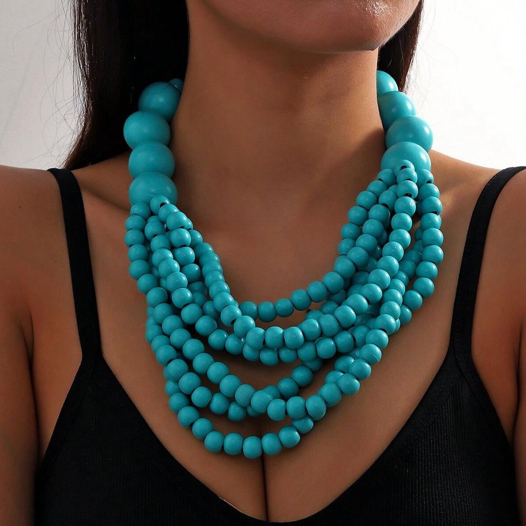 African Style Bohemian Multi-layer Wooden Bead Handmade Beaded Bib Necklace For Women Summer Zircon Accessories Choker Necklace