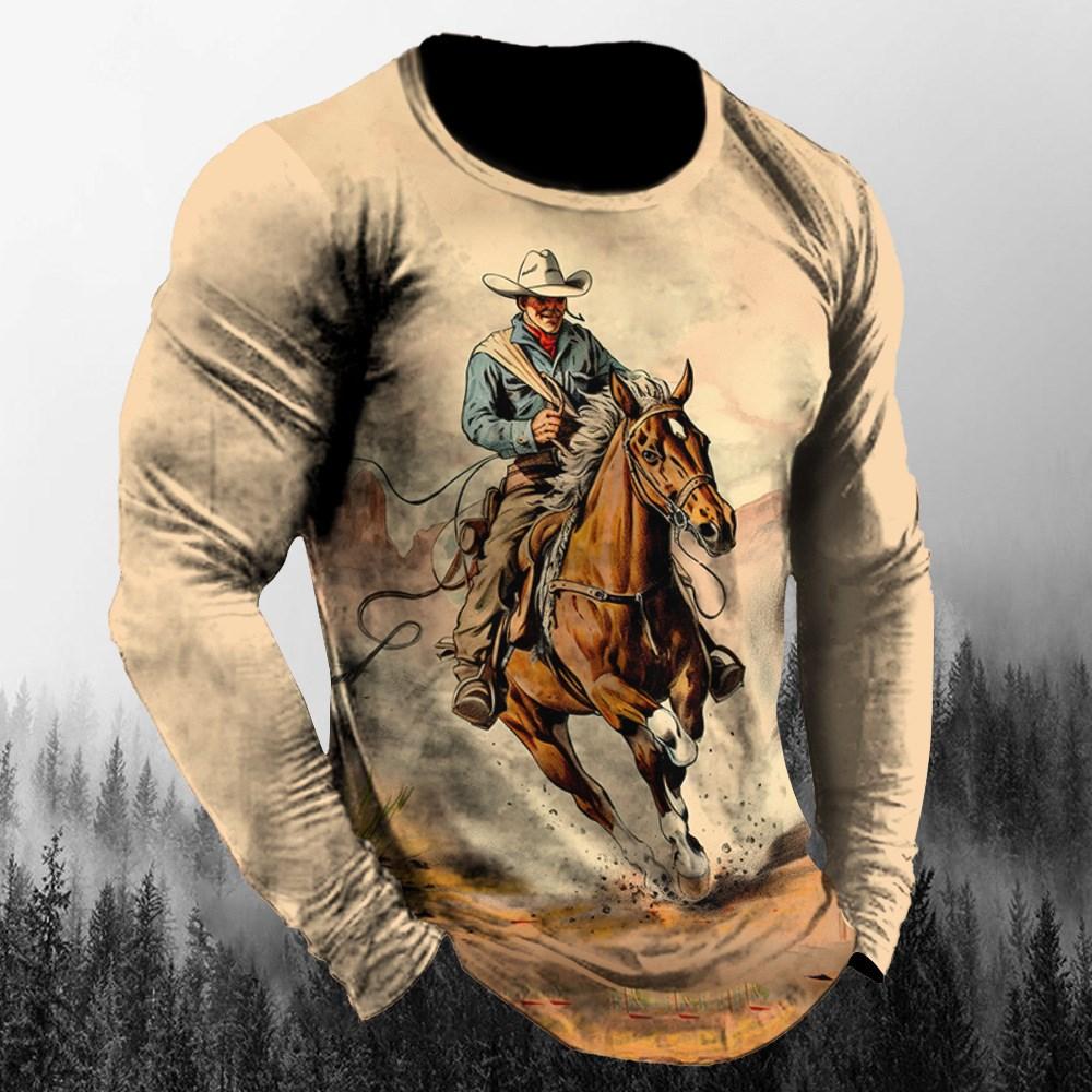 Vintage Cowboy T-Shirt Casual Sports Long Sleeve Tops Mens Western Cowboy Pattern Winter Loose Street T Shirt Clothing Pullover