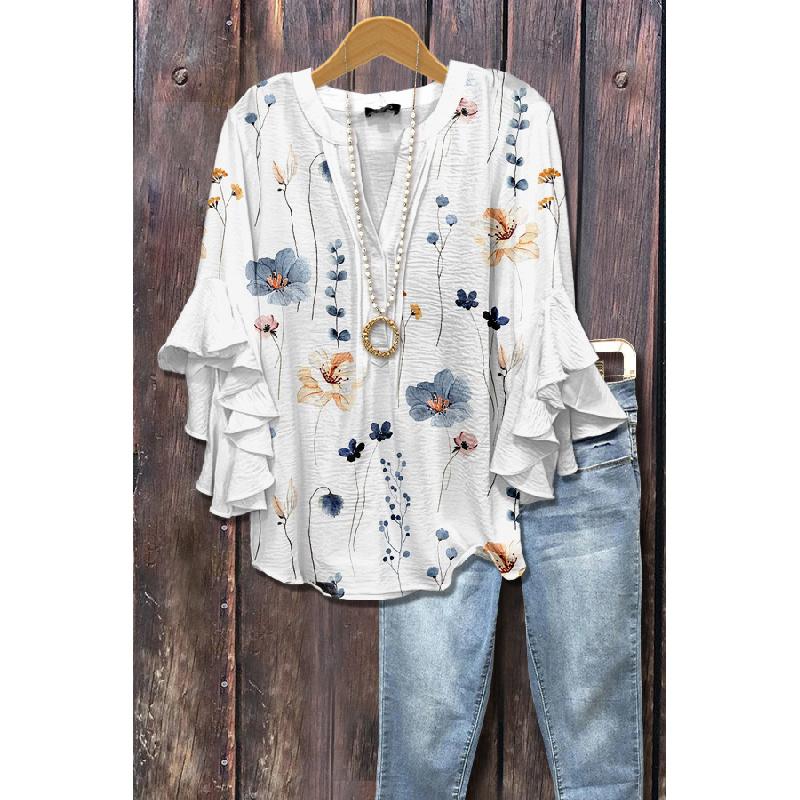 Summer Tops For Women Cute V Neck 3/4 Sleeve Blouses Floral Print Top Casual Shirts XS