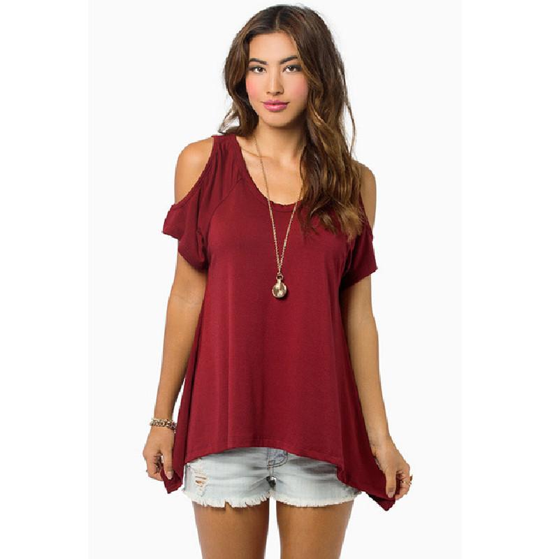Chic Polyester Blend Round Neck Off-shoulder Batwing Sleeve T-shirt For Nightclub