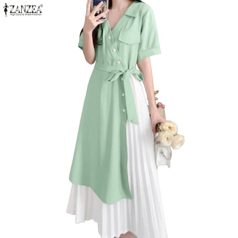 ZANZEA Women Summer Turn Down Collar Casual Patchwork Short Sleeve Dress