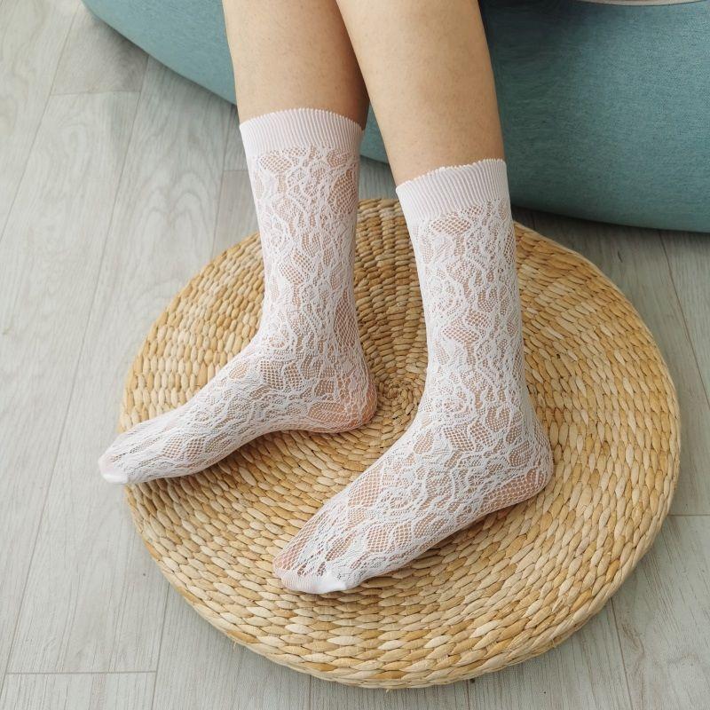 5 Pares de Meias de Verão Finas de Malha Jacquard em Forma de Coração com Personalidade Feminina e Padrão de Seda Preto