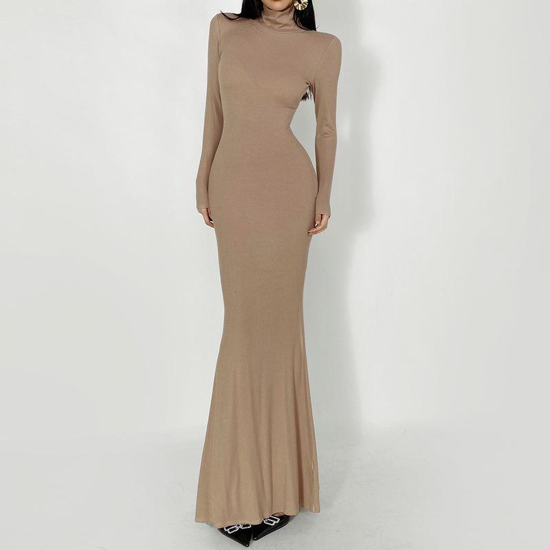 Beflocktes Schwarzes Lotos-Fischschwanzkleid mit Pelzfutter – Damen Herbst/Winter Schlanke Passform, Hoher Kragen, Langes Kleid