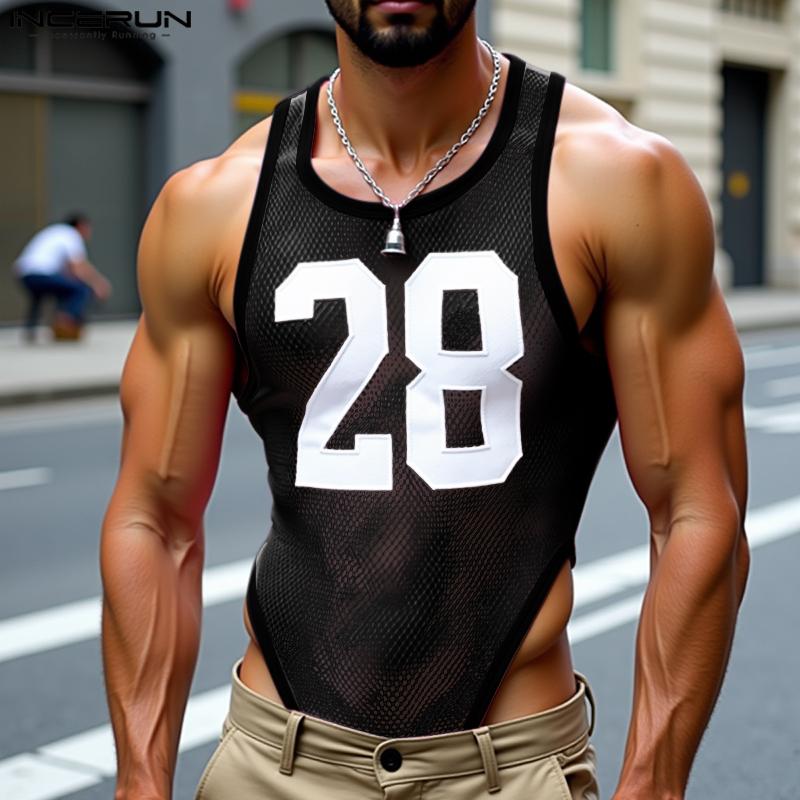 Men Sleeveless Letter Print See Through Transparent Jumpsuits Bodysuits Home Wear