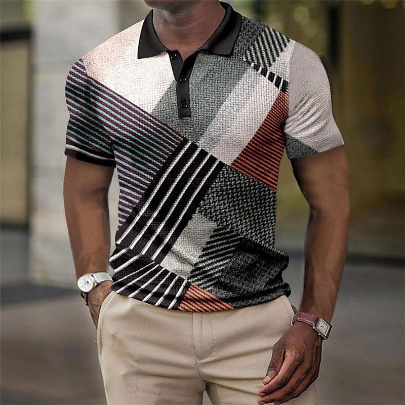 Geometric Grid and Stripe Splicing 3D Digital Printing Men's Comfortable Polo Shirt
