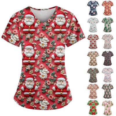 Women's Christmas Printed Uniform Work Uniform V-Neck Pocket Protective Work Uniform
