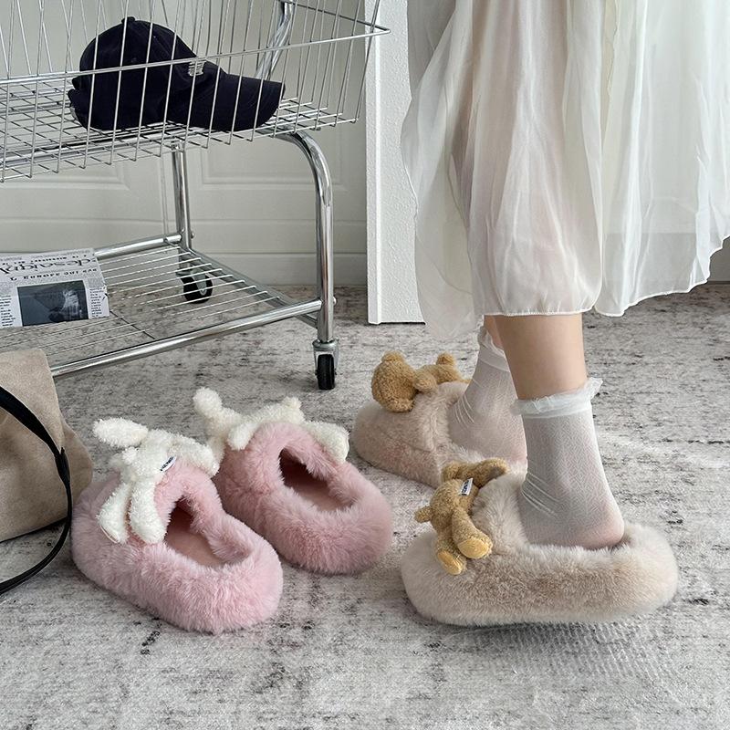 Sheepskin version of rabbit fluffy slippers for women's winter wear 2025 new removable doll thick bottom fashion one-word drag