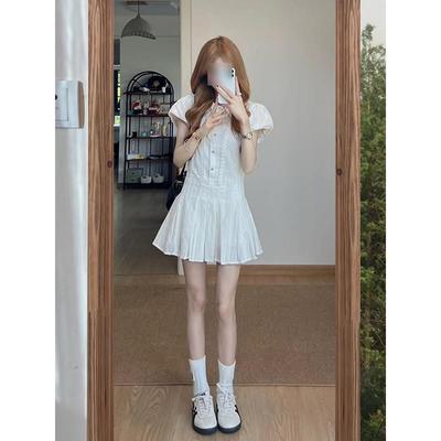 Preppy Style White Puff Sleeve Shirt Dress Women's Summer Temperament Waist Casual Small Woman Sweet Short Skirt