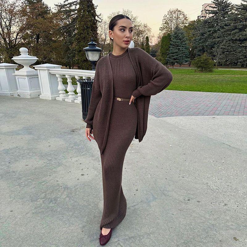 

Autumn and Winter Sweater Casual Silm Idle Style Cardigan Knitting Dress Suit Knitted Dress Set Dark brown XXL