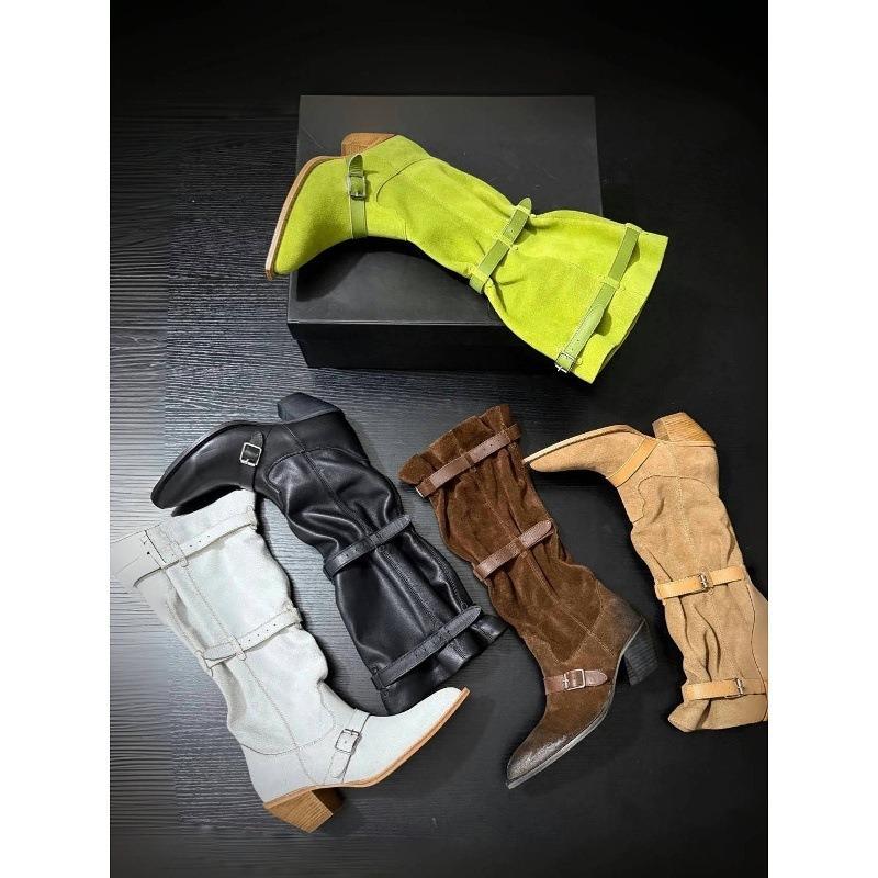 Cowhide version pointed pile boots niche design retro western cowboy boots thick heel hot girl fashion sense long boots women