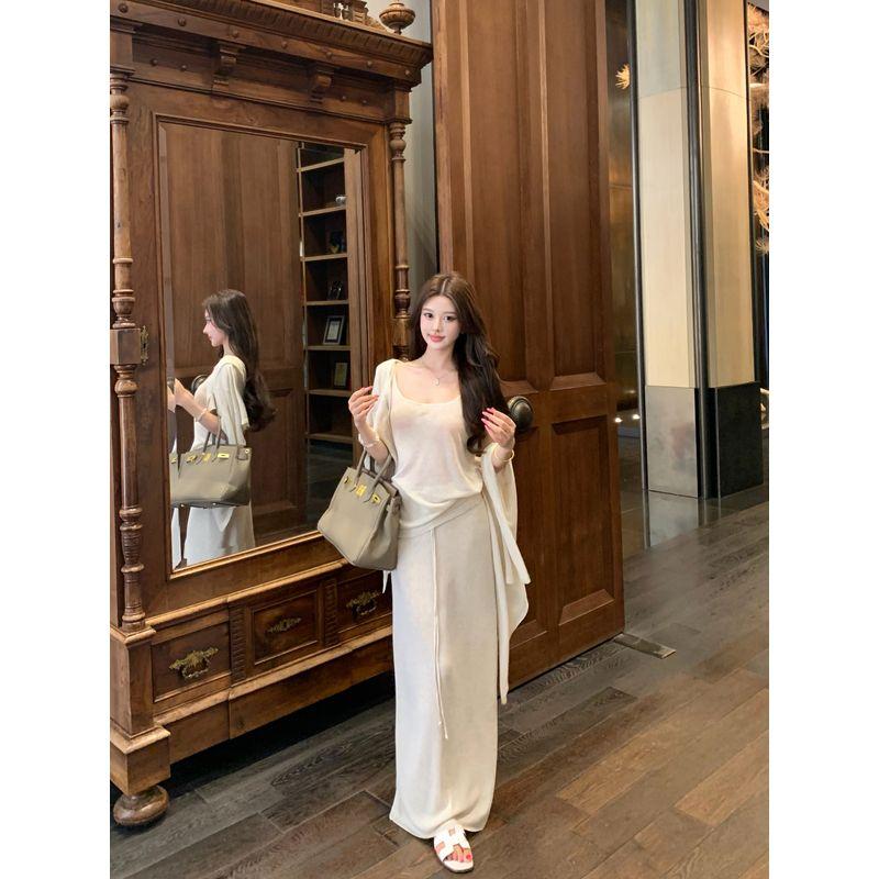 Kumikumi Idle Style Knitting Cardigan Inner Vest Camisole Women's Autumn Slimming Skirt Long Skirt Three-Piece Set