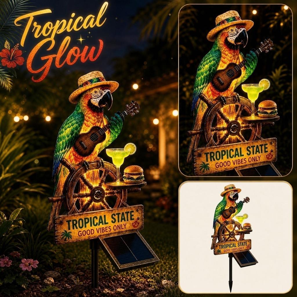 Outdoor Solar Garden Light Parrot Statue with Guitar and Tropical Sign Yard Stake Decorative Landscape Lighting for Patio Lawn