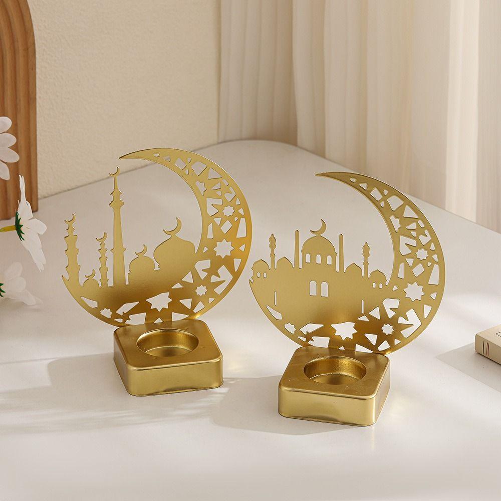 Moon Temple Ramadan Candlestick Eid Al-Fitr Luxury Style Metal Incense Burner Gold Iron Candle Support Ramadan Decoration