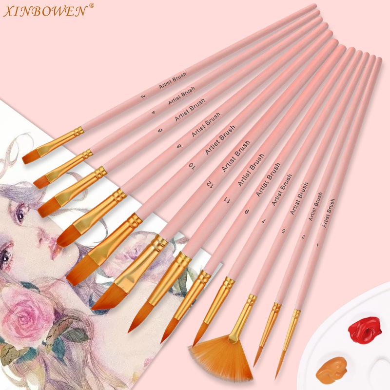 

12 Paint Brush Set for Acrylic Oil Watercolor,Synthetic Nylon Artist Paintbrushes for Nail Face Body Professional Art Painting розовый
